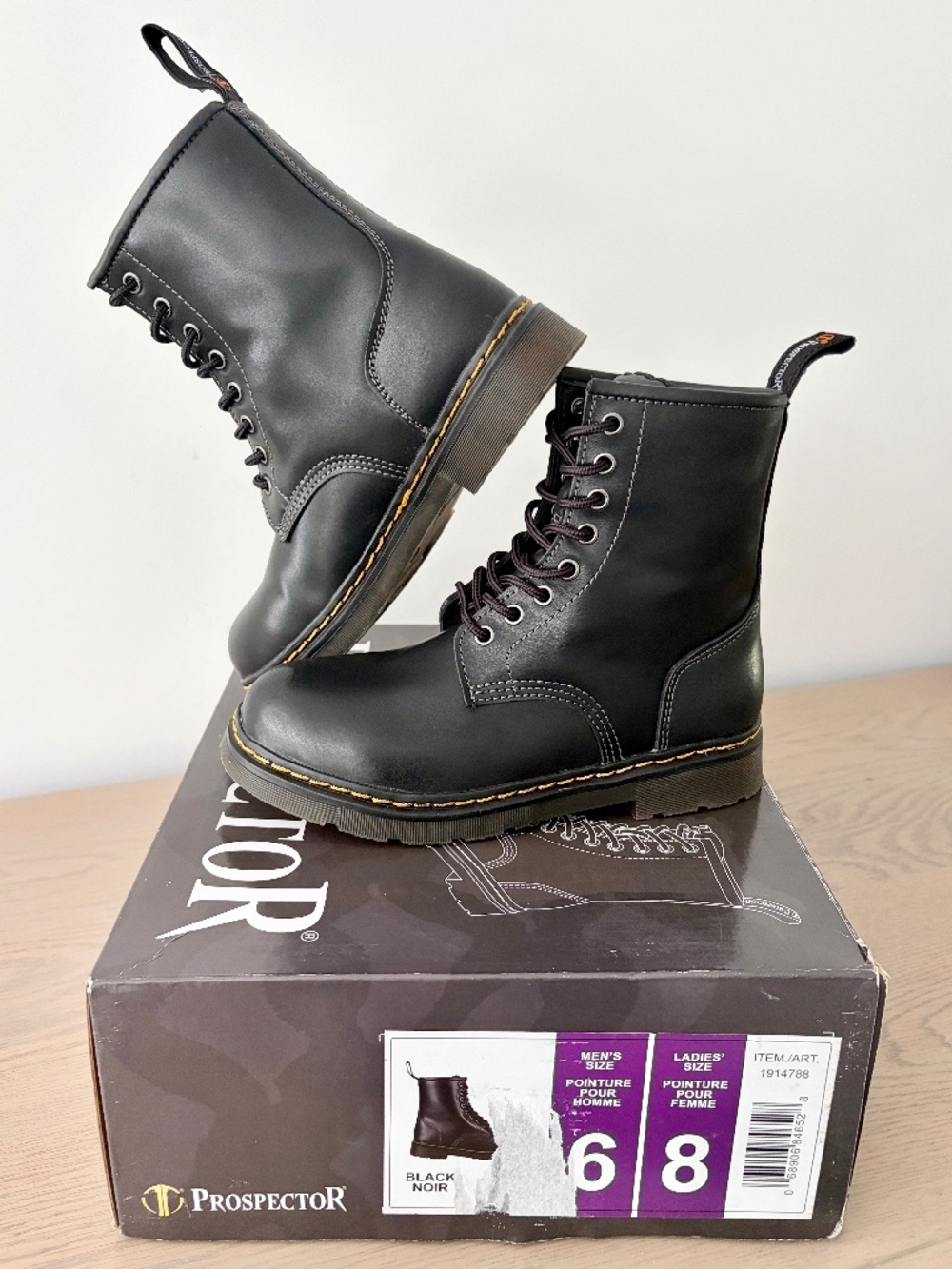 Leather Boots, Prospector, Black, Leather, Combat Boots, Water Resistant, 8, NEW